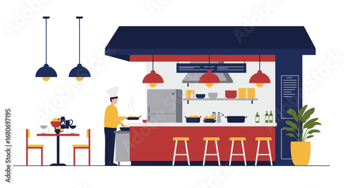 Modern kitchen scene with chef cooking in a cozy restaurant interior