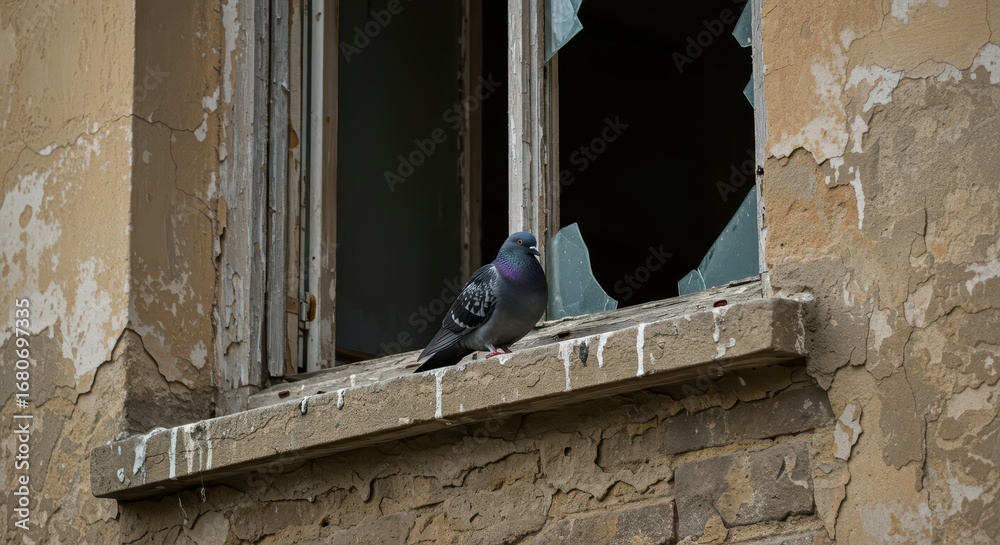 Fototapeta premium A solitary pigeon perches on the sill of a broken window, highlighting the decay of a weathered building.