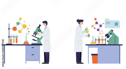 Scientists in laboratory conducting experiments with microscopes and beakers