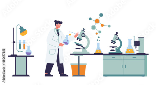 Scientist in laboratory conducting experiments with microscopes and chemical flasks