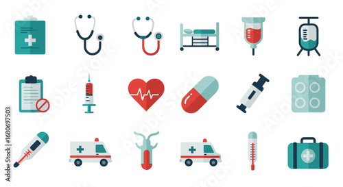 Medical equipment and healthcare icons set featuring flat design