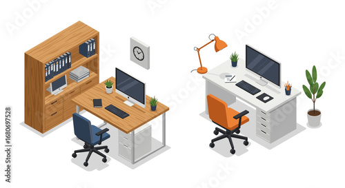 Modern isometric office desks with computers and chairs for workspace design