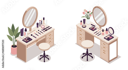 Isometric vanity tables with makeup and accessories in a minimalistic style
