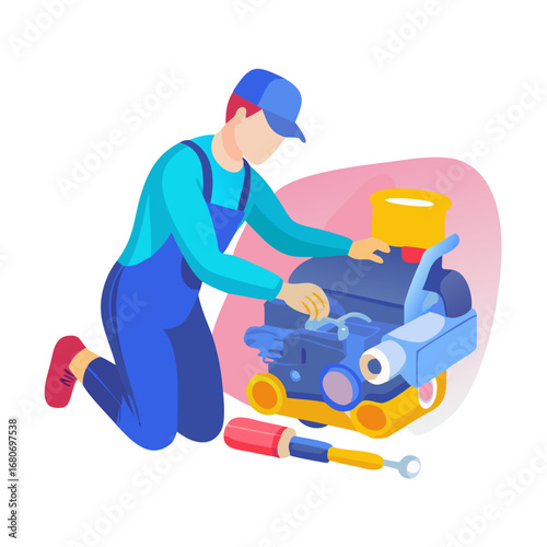 Mechanic repairing car engine with tools