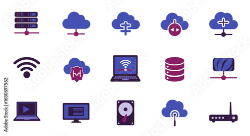 Cloud computing and network technology icons in flat design