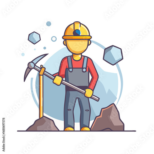 Miner with pickaxe working in mine illustration
