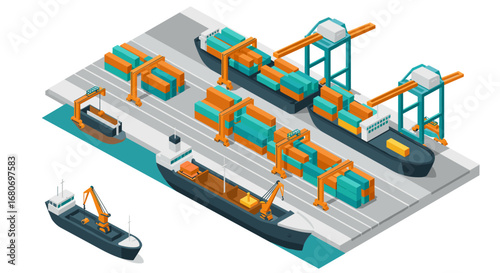 Isometric cargo port terminal with shipping containers and cranes
