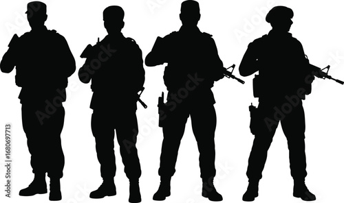 Black and white silhouette of armed soldiers standing with rifles, military team illustration, army troops vector on white background