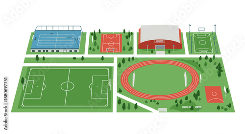 Isometric sports complex with football, basketball, and tennis courts in modern design