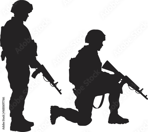 Black and white silhouette of armed soldiers with rifles, military team illustration, army troops vector on white background