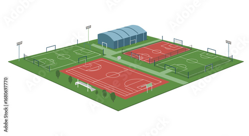 Isometric sports complex with multi-sport courts and facility