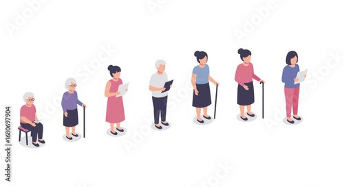 Aging process in women: a life journey from youth to seniors in isometric art