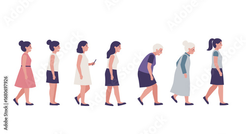 Life stages of a woman: from youth to old age depicted in flat design