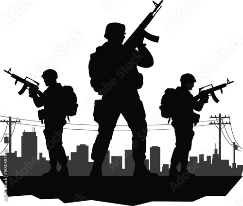 Black and white silhouette of armed soldiers with rifles, military team illustration, army troops vector on white background