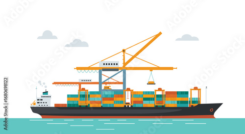 Container ship with cargo and cranes in minimal flat design