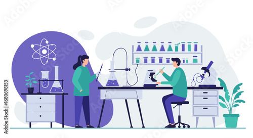 Modern laboratory scene with scientists conducting experiments and analyzing data
