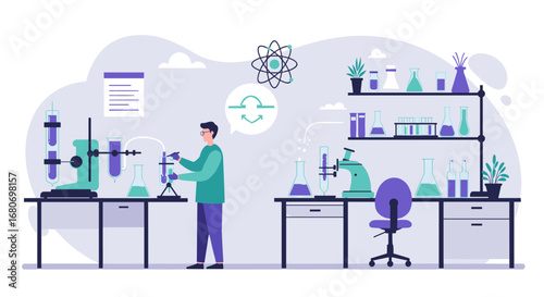 Modern laboratory scene with scientist conducting experiment in flat style