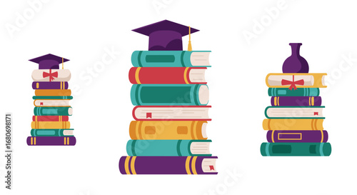 Colorful stacked books with graduation cap and vase in flat design