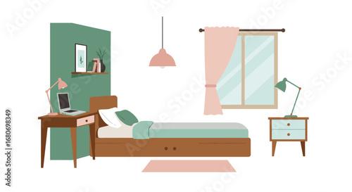 Minimalistic bedroom design with pastel colors and wooden furniture