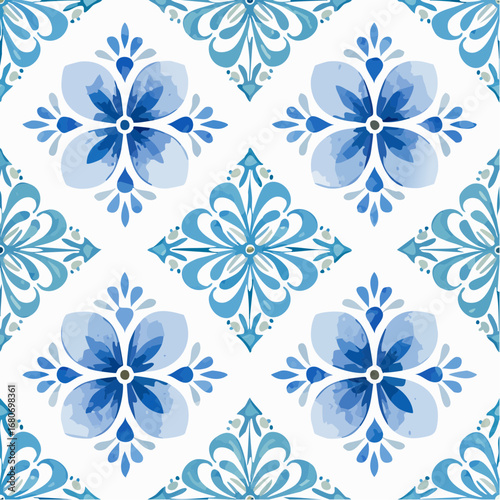 Beautiful vector seamless pattern with watercolor hand drawn blue dutch style tiles
