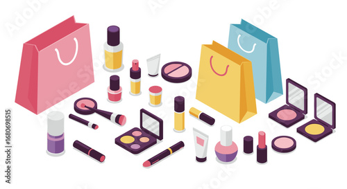 Colorful isometric makeup and shopping bags set on white background