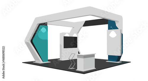 Modern exhibition booth design with abstract geometric elements for trade show displays