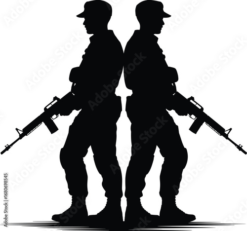 Black and white silhouette of armed soldiers with rifles, military team illustration, army troops vector on white background