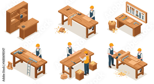 Isometric workshop scene with carpenters and woodworking tools in action