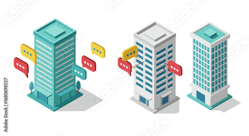 Isometric city buildings with social media chat bubbles