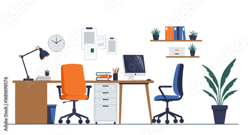 Modern workspace with office chairs and desk decor in flat design