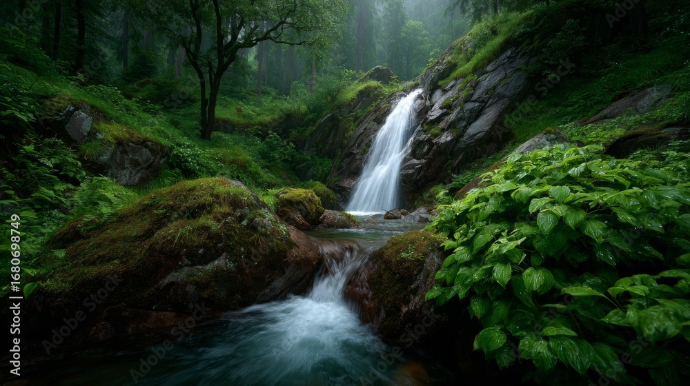 Naklejka premium Whispering Waters and Verdant Canopy: A breathtaking cascade of water plunges into a crystal-clear pool, surrounded by lush, emerald-green foliage, embodying the serenity of the natural world.