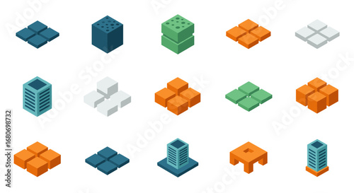Isometric geometric blocks and towers in modern color variations