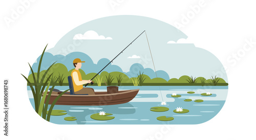 Man fishing in peaceful lake scenery with lush greenery and calm clouds