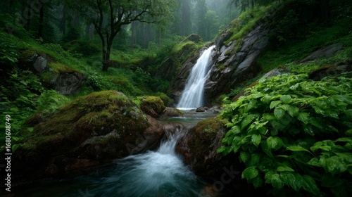 Whispering Waters and Verdant Canopy:  A breathtaking cascade of water plunges into a crystal-clear pool, surrounded by lush, emerald-green foliage, embodying the serenity of the natural world.
