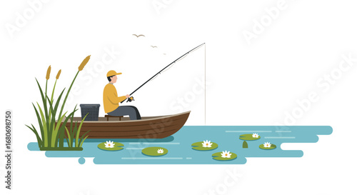 Man fishing on lake in flat style with boat and lily pads
