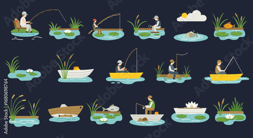 Flat design fishing scenes set in nature with boats and ponds