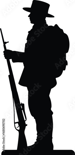 Black and white silhouette of armed soldiers with rifles, military team illustration, army troops vector on white background