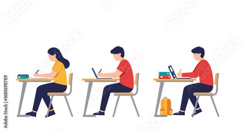 Students studying in classroom environment with modern technology and traditional books