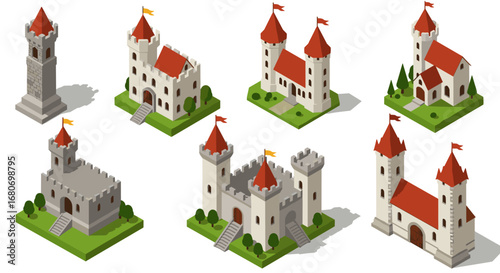 Isometric medieval castles with red roofs and towers in various designs