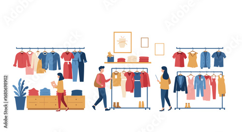 Modern clothing boutique with customers and stylized decor in flat design
