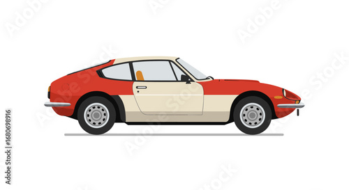 Classic red and white sports car side view urban design