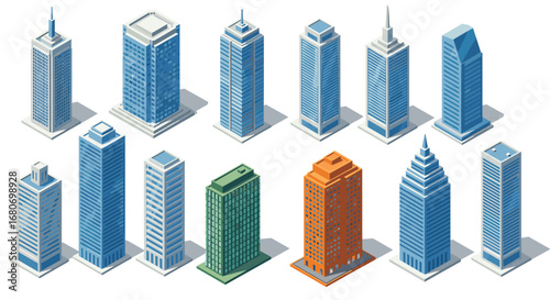Isometric cityscape with modern skyscrapers: urban architecture collection