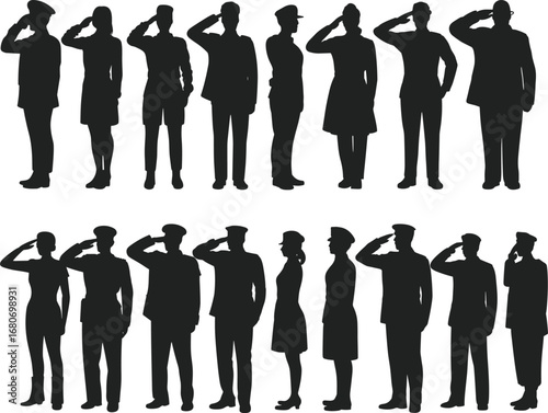 Black and white silhouette of armed soldiers with rifles, military team illustration, army troops vector on white background