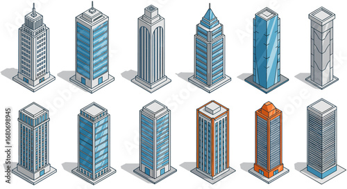 Isometric tall buildings collection with modern architectural designs