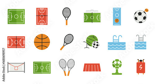 Colorful sports icons set featuring equipment and courts for various games