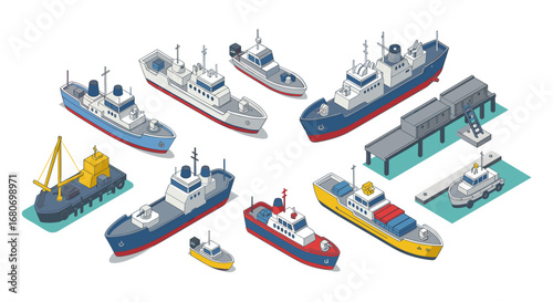 Isometric maritime transport collection with detailed cargo ships and boats