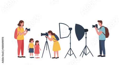 Photography session scene with family and equipment in flat style