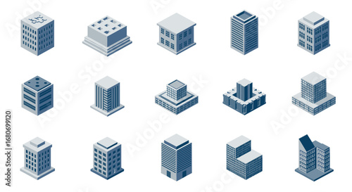 Isometric city buildings collection for modern urban design projects