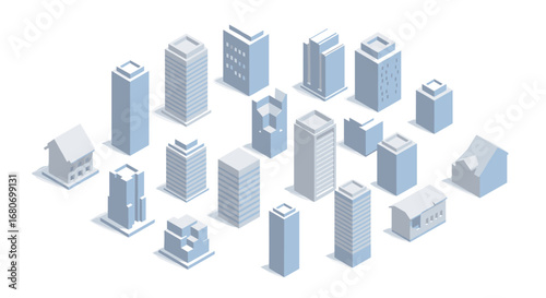 Isometric urban architecture: modern cityscape with geometric buildings