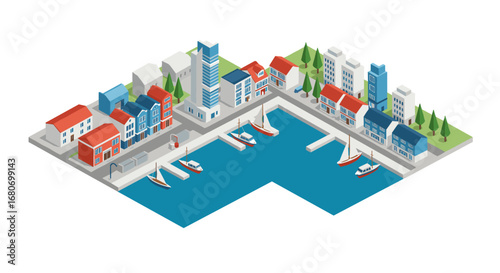 Isometric harbor scene with colorful buildings and boats